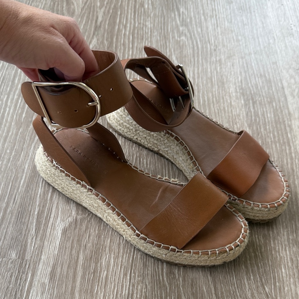 Zara Brown Leather Espadrille Sandals